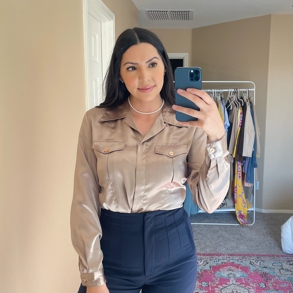 Vintage Taupe Silk Long Sleeve Button Down Top - Picture 1 of 10